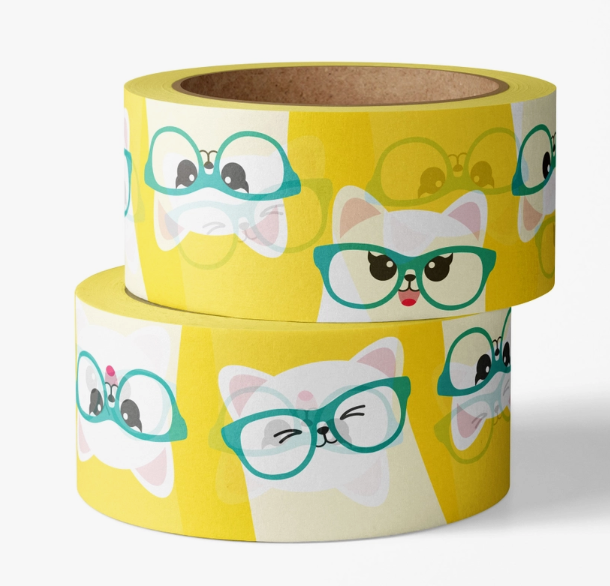 ruban washi, washi tape, masking tape, motifs chats kawaii, fond jaune